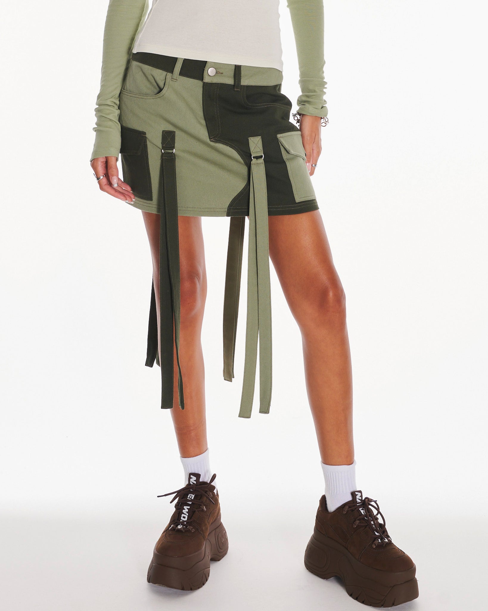 Cyber Twill Y2K Mini Cargo Skirt With Tassels In Green
